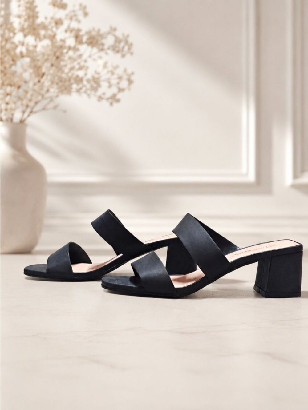 Black Block Heel Slide Sandals With Double Straps Open Toe & Square Heel Design